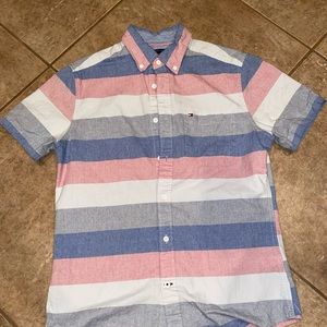 Tommy Hilfiger button down collared shirt short sleeve red white and blue fresh